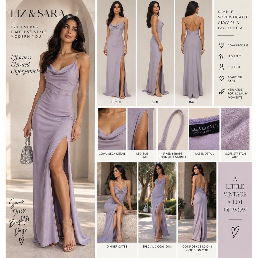 Liz & Sara Lilac Y2K Cowl Neck Maxi Dress High Slit 90s Minimalist Gown L